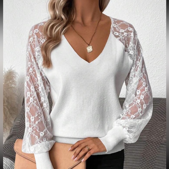 Elegant Sheer Mesh Floral Lace Long Sleeve Sweater Top - Picture 5 of 6